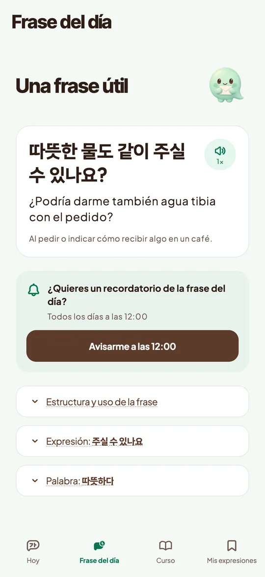 Pantalla de la aplicación con la frase de hoy