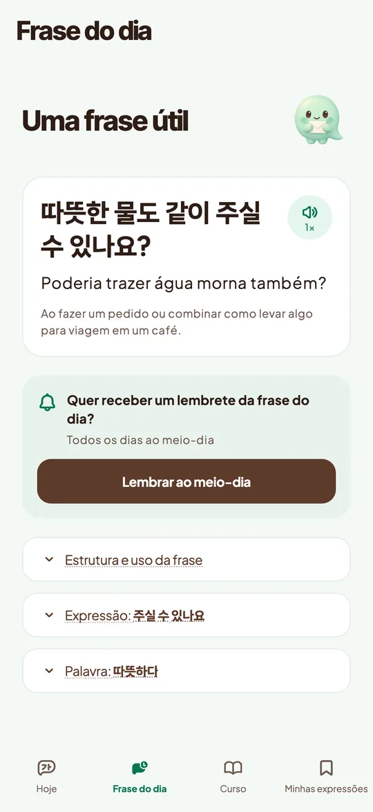 Tela do aplicativo mostrando a frase de hoje